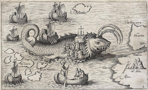 St. Brendan's whale, by Honorius Philoponus, Novi Orbis Indiae Occidentalis, 1621