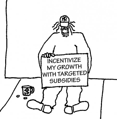 Homeless guy with sign: "Incentivize my growth with targeted subsidies."